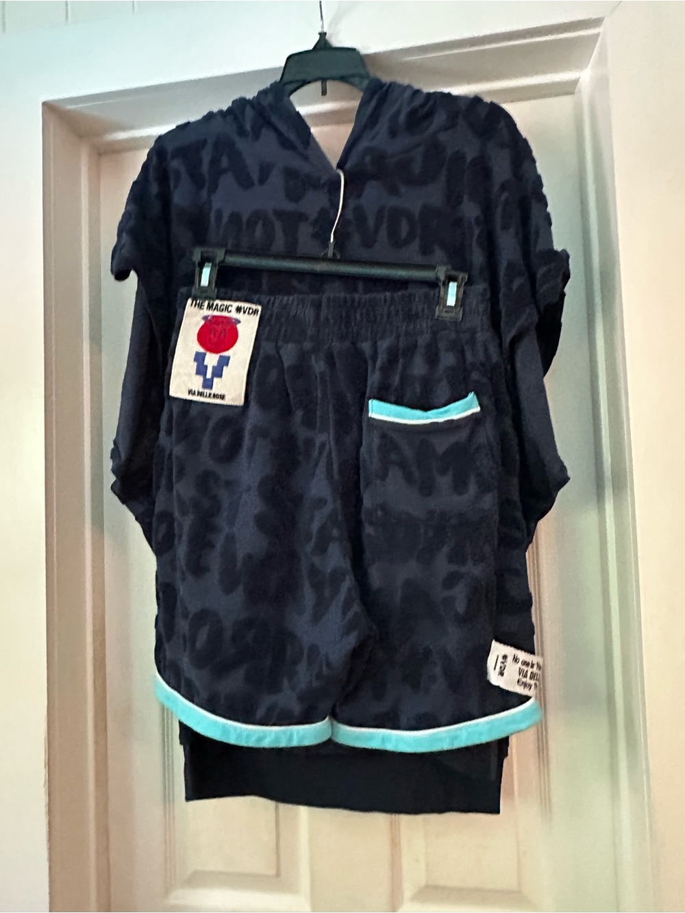 Women's Navy Hooded Sweatshirt and Short Set with Aqua Trim